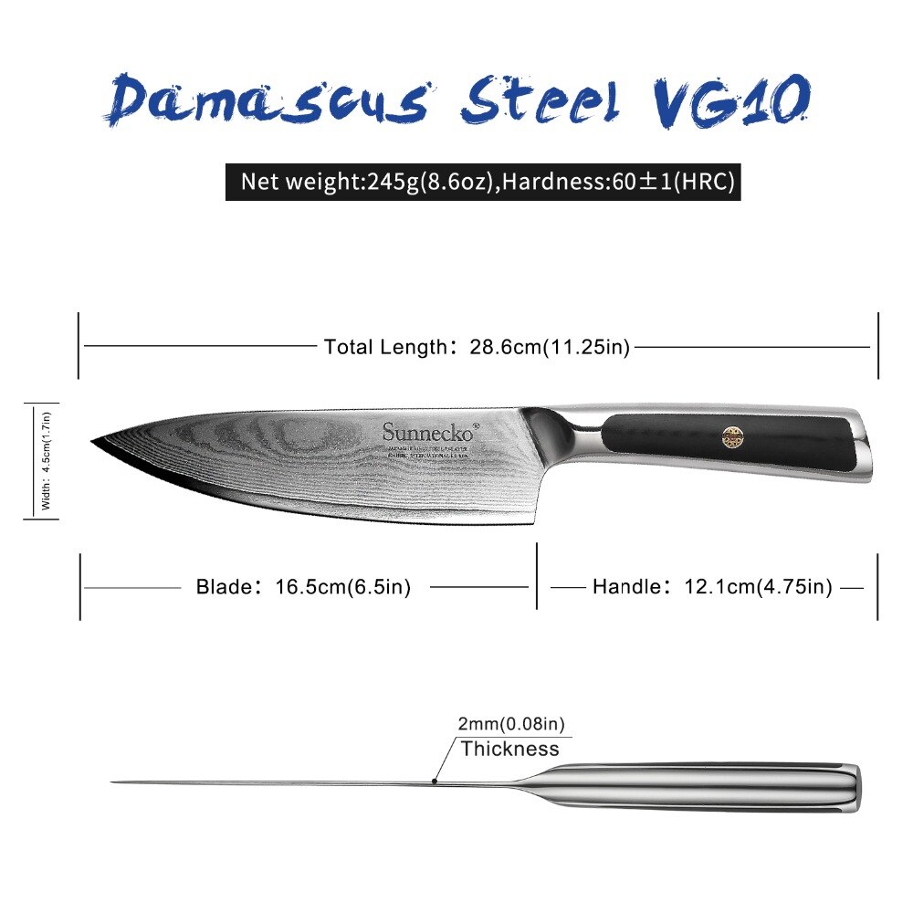 Sunnecko 6.5″ inch Chef Cooking Knife Damascus Steel Japanese VG10 Core Professional Razor Sharp Blade G10 Handle Kitchen Knives Sunnecko 6.5