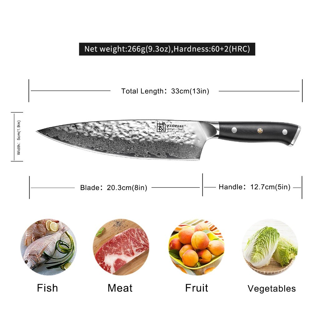 Sunnecko 8″ Chef Knife Japanese AUS-10 Core Hammer Damascus Steel Blade G10 Handle Kitchen Chef’s Cooking Knives Meat Sharp Cut Sunnecko 8