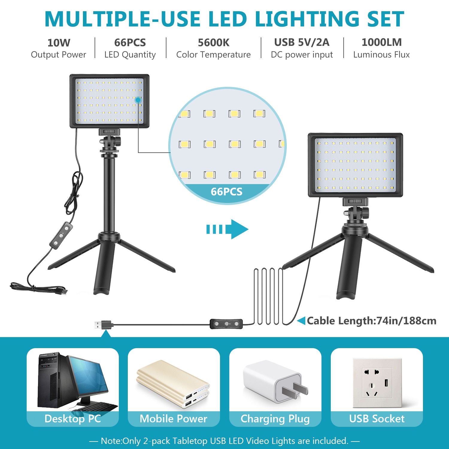 Neewer 2 Packs Portable Photography Lighting Kit Dimmable 5600K USB 66 LED Video Light with Mini Adjustable Tripod Stand Neewer 2 Packs Portable Photography Lighting Kit Dimmable 5600K USB 66 LED Video Light with Mini Adjustable Tripod Stand